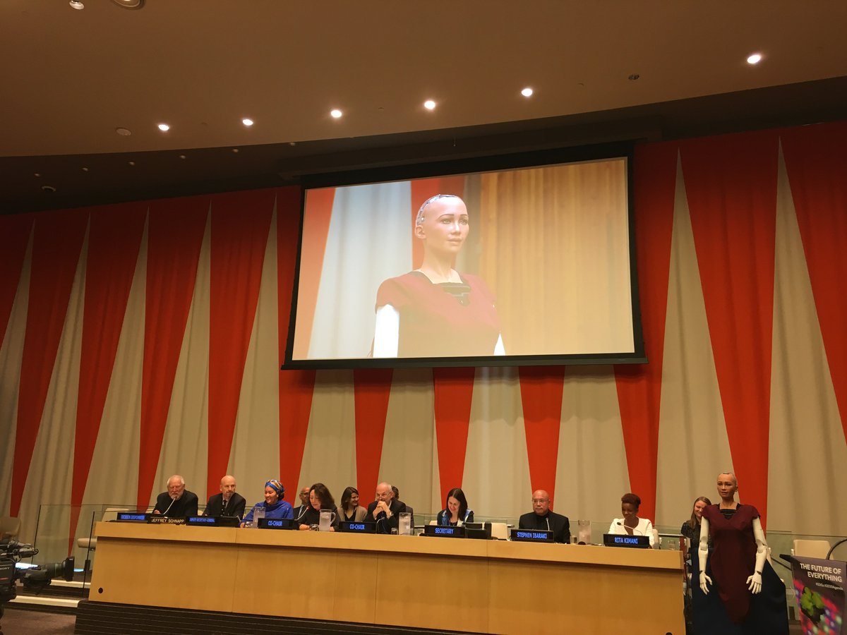 EstoniaUN's tweet photo. At @UN #2COM & @UNECOSOC joint mtg #RobotSophia explains how #artificialintelligence can help to achieve the #SDGs #2030Agenda #GlobalGoals https://t.co/auCmiUSYk1