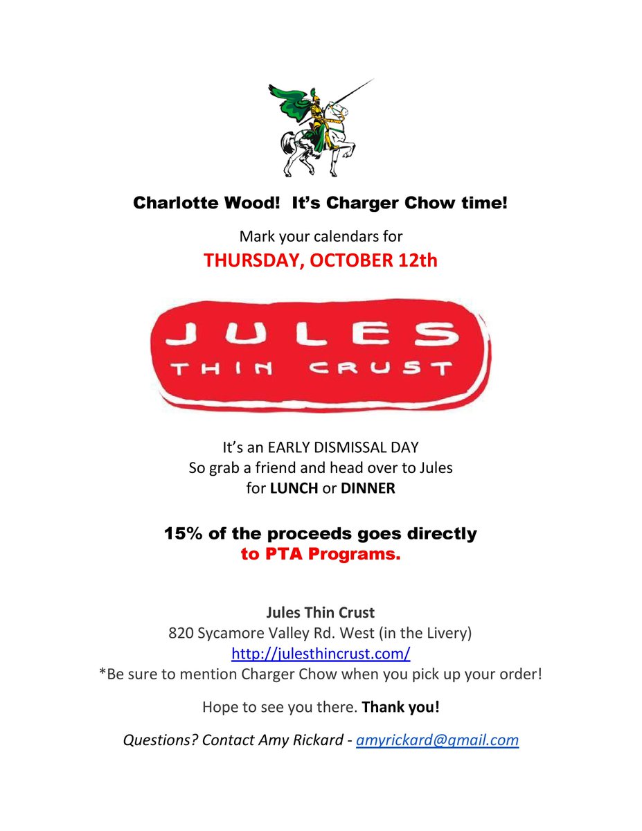 Don't forget to support CW PTA by eating out tomorrow! Charger Chow at Jule's Thin Crust Pizza!