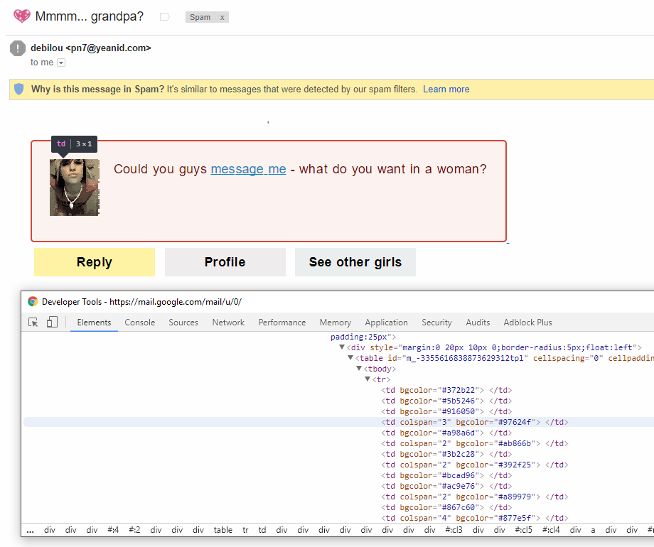 GiganticPaw's tweet photo. this spam email encoded an entire image thumbnail as an HTML table, using a table cell with a background color for each horizontal chunk of pixels https://t.co/6HxhjkieFg
