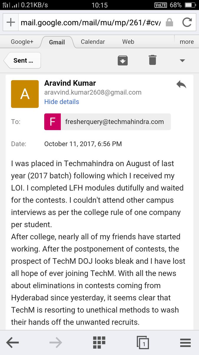 iamaravvind's tweet photo. @rahullshrmaa @tech_mahindra "Connected world"? You can't even connect with your recruits. @tech_mahindra No reply for this mail yet. #giveDOJ https://t.co/BSKeoTqLfK