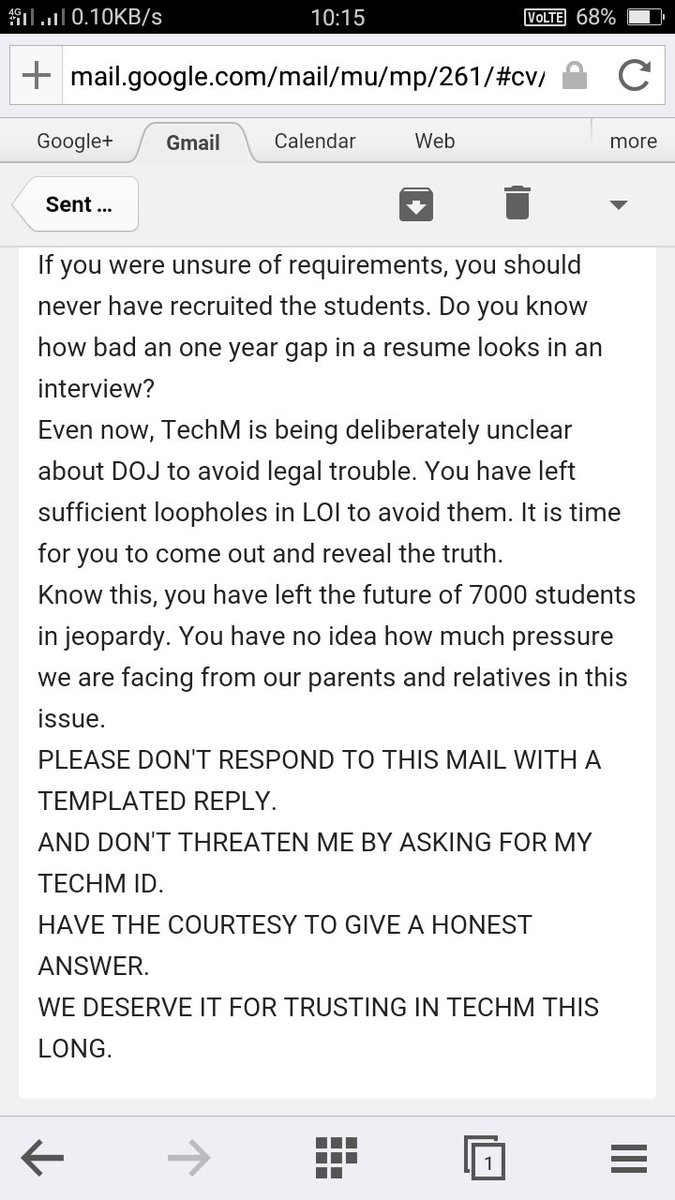 iamaravvind's tweet photo. @rahullshrmaa @tech_mahindra "Connected world"? You can't even connect with your recruits. @tech_mahindra No reply for this mail yet. #giveDOJ https://t.co/BSKeoTqLfK
