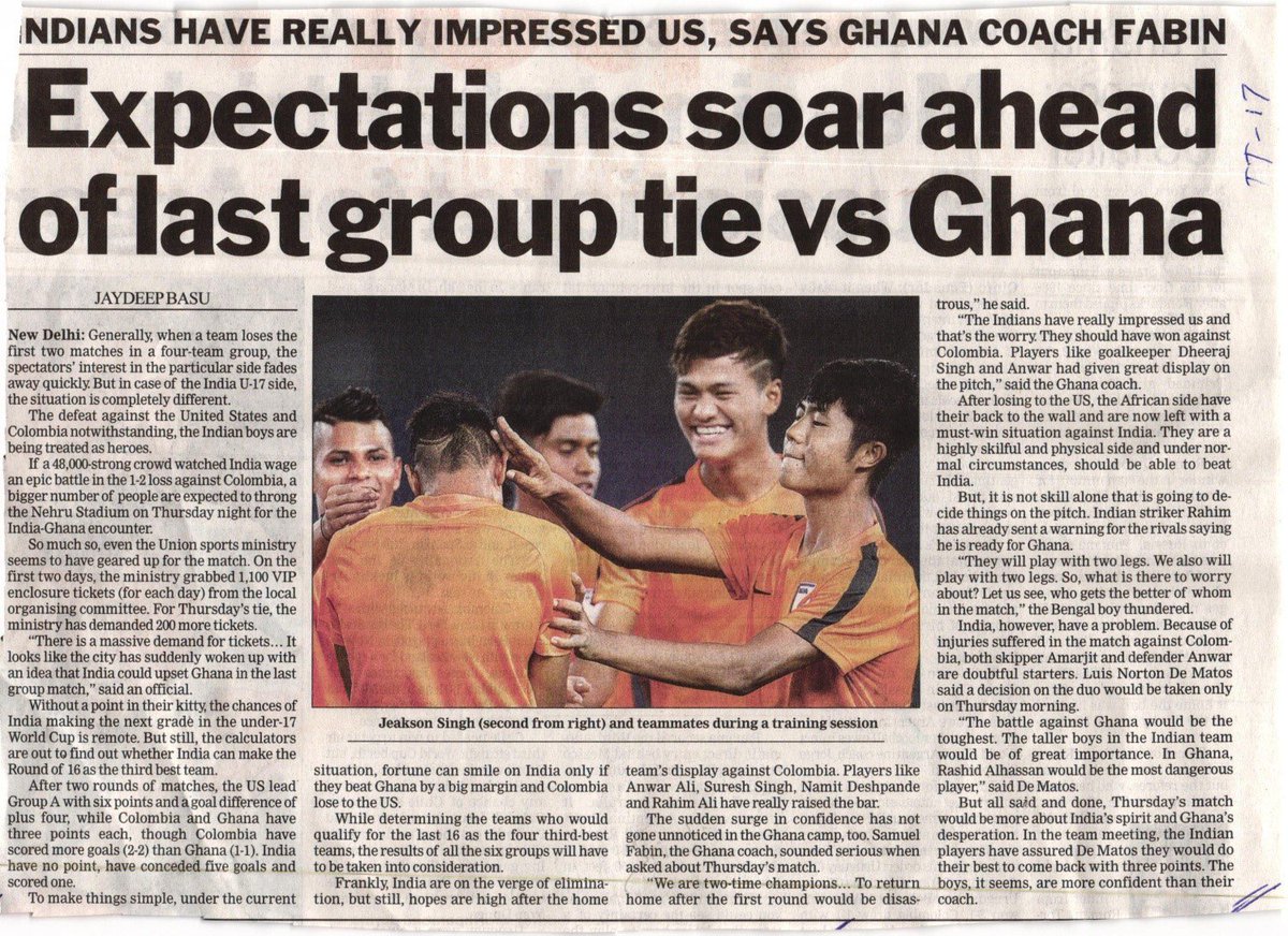 IndianFootball's tweet photo. #MediaWatch Soaring expectations @ttindia #BackTheBlue #FIFAU17WC https://t.co/2RbHKtXyej