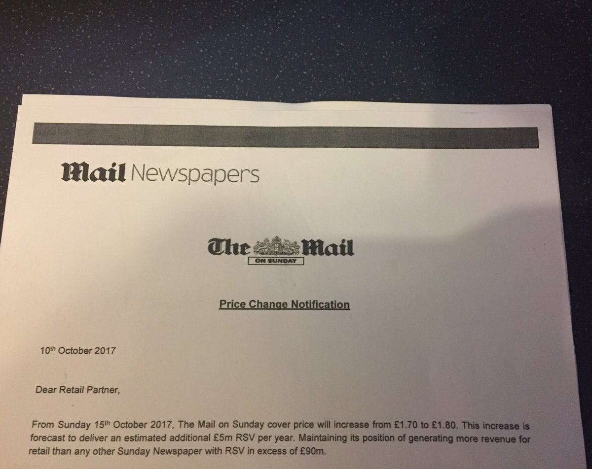 TindaSahota's tweet photo. Won't be long till the price is £2 #AnotherIncrease #TheMailOnSunday https://t.co/MYXTSR1HXl