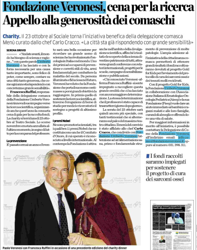 Charity Dinner a #Como organizzata da <a href="/FranceRuffini/">FRANCESCA RUFFINI</a> a sostegno di <a href="/Fondaz_Veronesi/">Fondazione Veronesi</a> oggi su <a href="/laprovinciadico/">La Provincia di Como</a> <a href="/DiegoMinonzio/">Diego Minonzio</a> #goldforkids