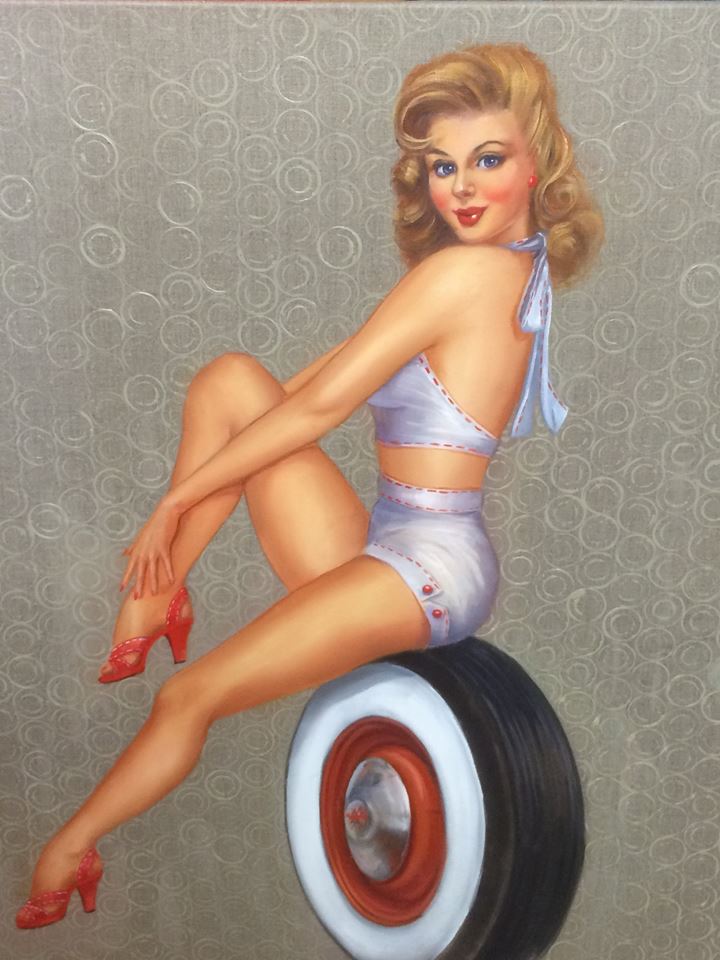 maximexavierart's tweet photo. BONNEVILLE BEAUTY 2. 2nd in my 50's pinup series. #oilpainting #artforsale #womeninart #1950s  #tyres #pinup #tyre
 https://t.co/TP8L1DPDG5 https://t.co/IAsRjuVMi5