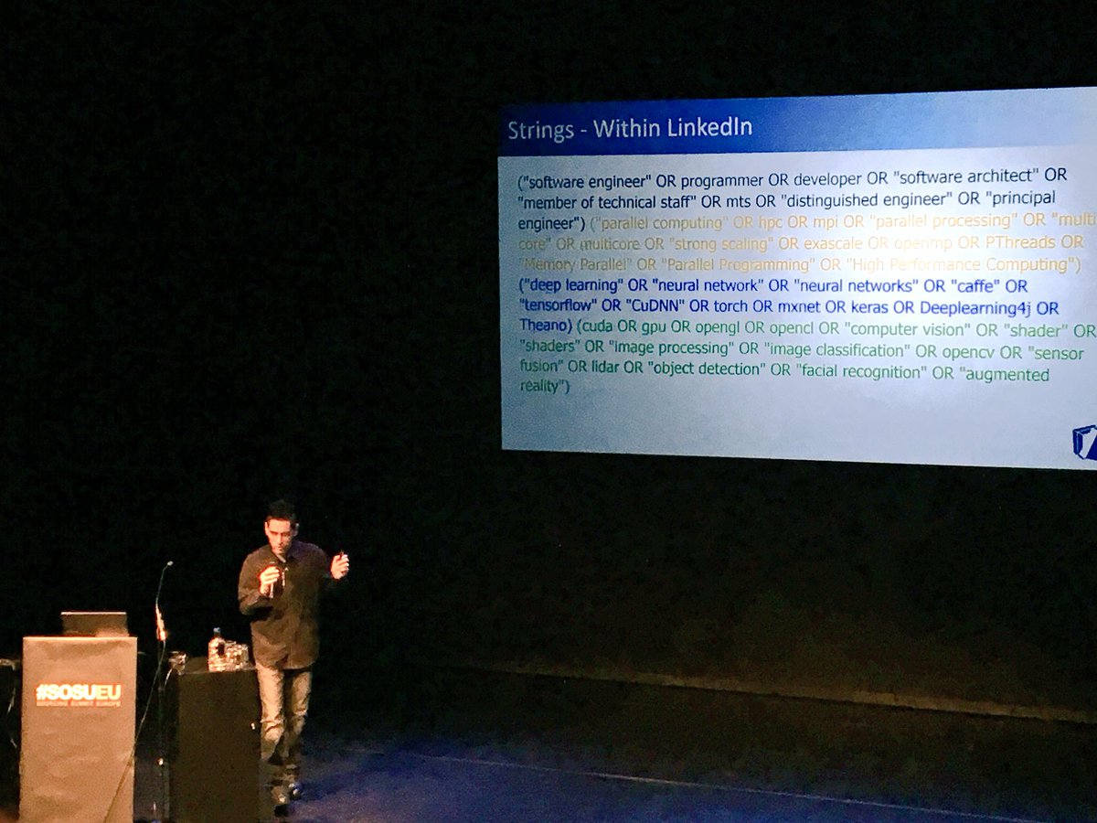 CurleyFiedler's tweet image. 2nd day - 2nd talk from @marknexus about the truth behind sourcing methods and massive #booleanstrings #SOSUEU #sosueu17 #boolean #sourcing