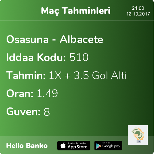 HelloBankoApp's tweet photo. Günün Maçı https://t.co/ryBwk24DJJ #iddaa #iddaakuponu #bahis #bahiskuponu #tahmin #banko #bankomaçlar #bankokupon #bet #bets #ücretsizkupon https://t.co/c5y7UwhJTG