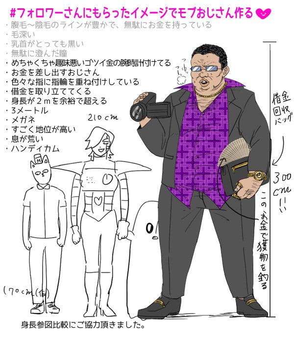 #フォロワーさんにもらったイメージでモブおじさん作る
モブおじさんできました!イメージありがとうございました!灰色の項目は服着た状態じゃわからないので裸バージョンも描きました!→
https://t.co/7B9TeNyzPm 