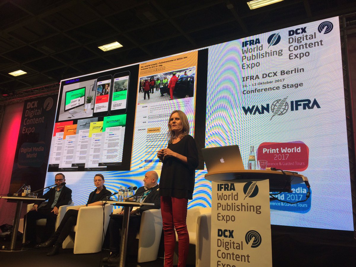 SimoneFluckiger's tweet photo. .@heljes presents fact-checking initiative Faktisk, a collaboration between Norway's four largest media houses, at #IFRAexpo #DCX https://t.co/gVCZqhlYz6
