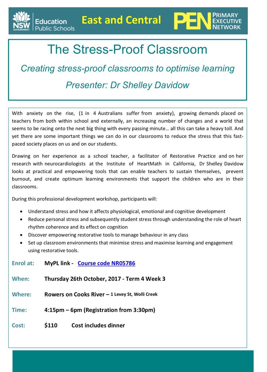2 weeks to go until PEN PL-optimising learning by creating stress-proof classrooms with k'note spkr Dr Shelley Davidow. 4:15pm 26/10/17