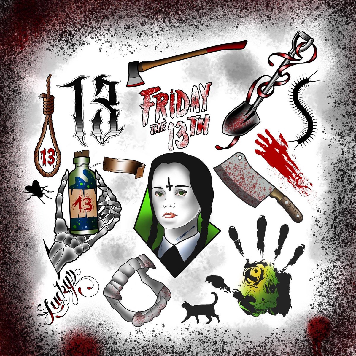 TBlackFreighter's tweet photo. Friday the 13th Flash sheet available this Friday!!! All designs are £31.00, first come first served. #Chester #chesteruni #tattoo https://t.co/wXcxlIBkgS