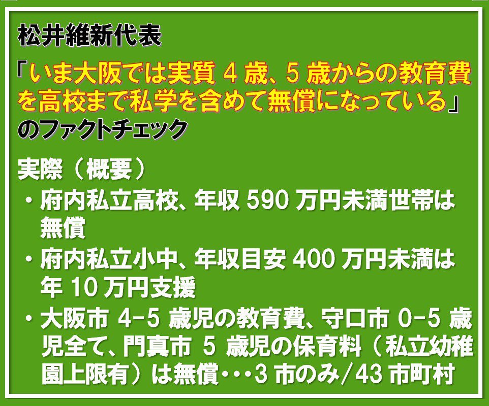 aomurasaki_ll's tweet image. 松井一郎様

『大阪では実質4歳、5歳からの教育費を高校まで私学を含めて無償になっている』

このご発言は【嘘】です。発言の訂正をお願い致します。そして今後、各種嘘をつかないようにお願い致します。
また、今週はまだ１秒も仕事をされていません。仕事をして下さい。

#日本維新の会