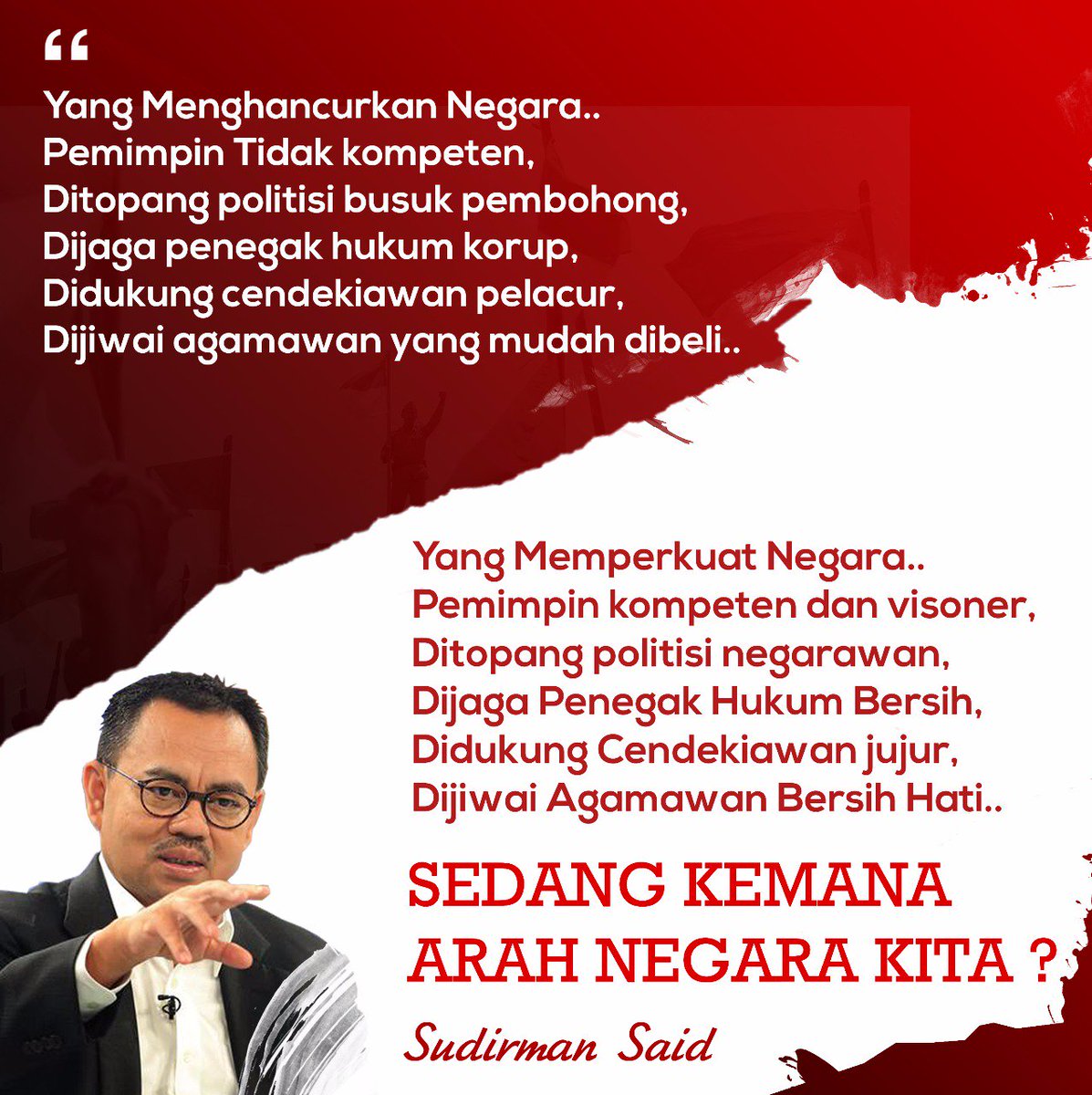 sahabatsudirman's tweet photo. Yang menghancurkan negara adalah pemimpin yang tidak kompeten. Ditopang politisi busuk pembohong ....

@sudirmansaid @Reiza_Patters https://t.co/oyAHxfb9Wc