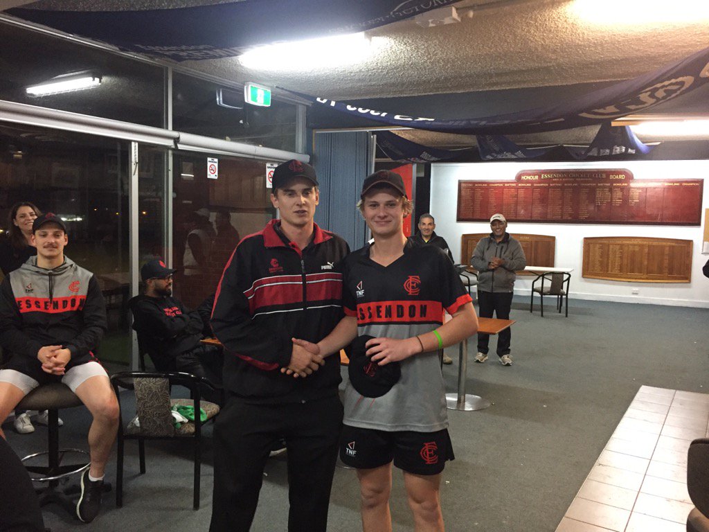 James Ryan presented 1st XI cap (no. 557) by fellow Bendigo man J Seymour, for debut on Saturday. <a href="/vicpremcricket/">Vic Premier Cricket</a>