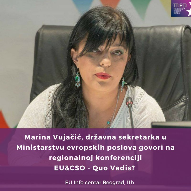 me4eu's tweet photo. Marina Vujačić, državna sekretarka u #MEP-u @EUICBG govori u okviru EU&CSO - Quo Vadis? #Belgrade #WBTfuture @TACSO1 https://t.co/nbfAJEFY2M
