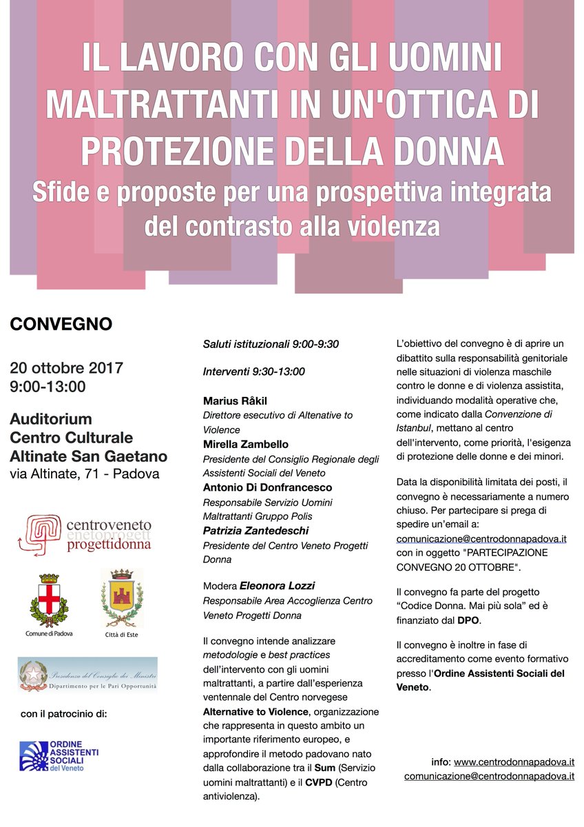 CentroDonnaPd's tweet photo. CONVEGNO 20 OTTOBRE: Il lavoro con gli uomini maltrattanti in un'ottica di protezione della donna. #Sfide #Proposte #ControLaViolenza #CVPD https://t.co/d5GYKV9Lzq