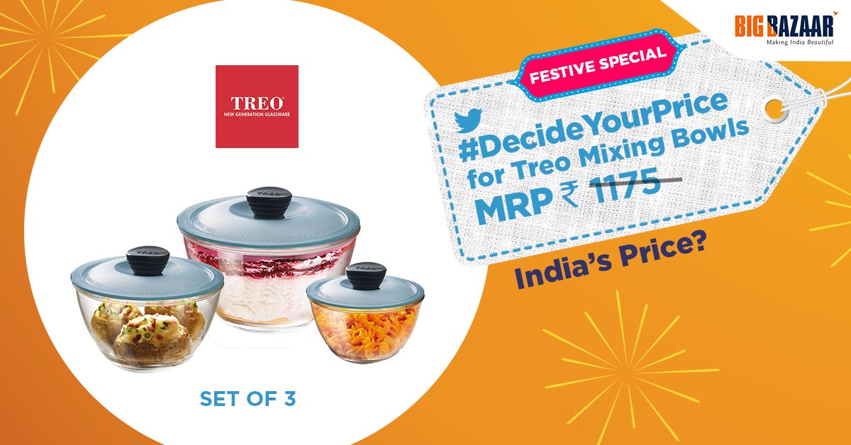 BigBazaar's tweet photo. India, it’s time to #DecideYourPrice for Treo mixing bowls set. Every retweet reduces the price by Re.1
Visit: https://t.co/HLKfQUKYC0 https://t.co/w4Dfn5DUrs