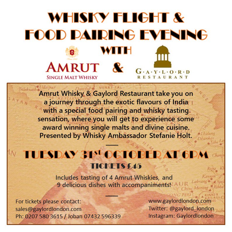 V excited about this tasting dinner @Gaylord_London with <a href="/Amrutsinglemalt/">Amrut</a> on the 31st October. Some incredible dishes paired with whiskies!