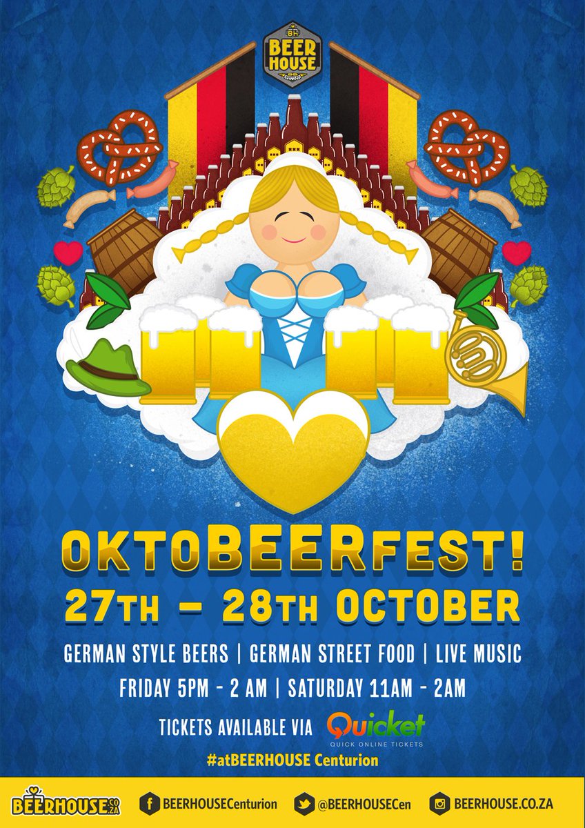The #OktoBEERfest comes to #Centurion on the 27th &amp; 28th of October!
Enjoy German Style Beers, German Street Food &amp; Live Music
#atBEERHOUSE.