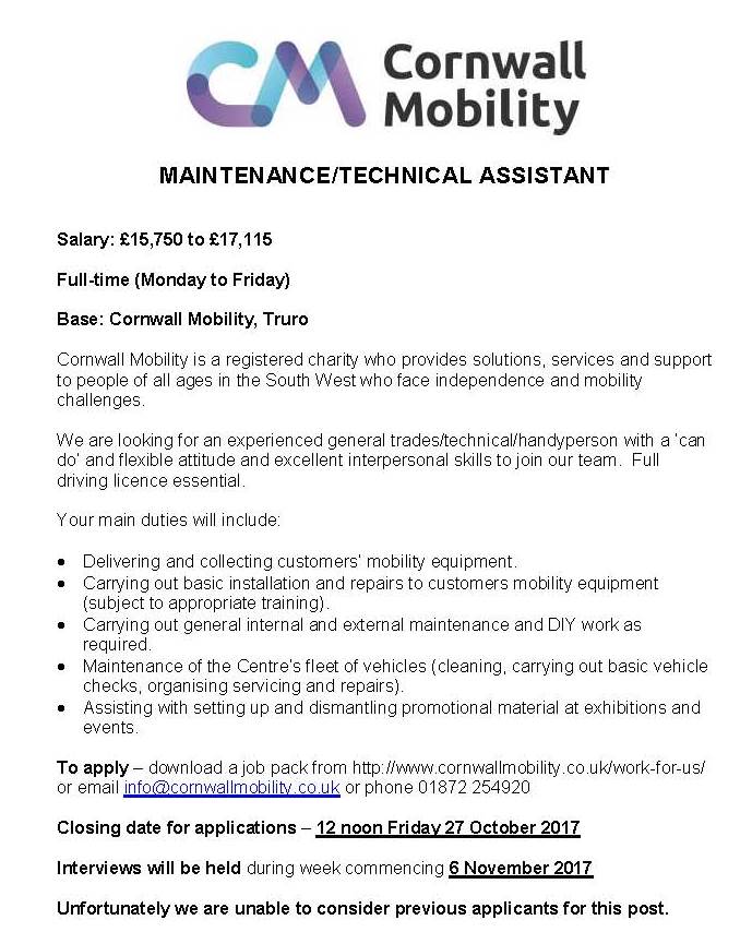 Cornwall Mobility (@cornwallmobilit) on Twitter photo We have a vacancy for a Maintenance & Technical Assistant! <a href="/CornwallDC/">disAbility Cornwall & Isles of Scilly</a> <a href="/ProperJobs/">Proper Jobs</a> <a href="/CornwallNewsNow/">Cornwall News Now</a> We have a vacancy for a Maintenance & Technical Assistant! <a href="/CornwallDC/">disAbility Cornwall & Isles of Scilly</a> <a href="/ProperJobs/">Proper Jobs</a> <a href="/CornwallNewsNow/">Cornwall News Now</a>