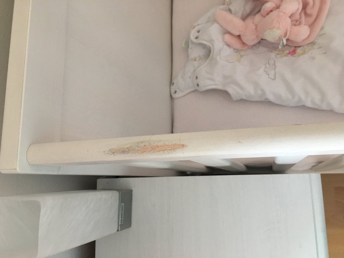MrsBritain11's tweet photo. @IKEAUK I’m so disappointed with this cot- only had it a year, well looked after, just wiped the sides and the paint has come off ☹️#notsafe https://t.co/tGskzXAQb5