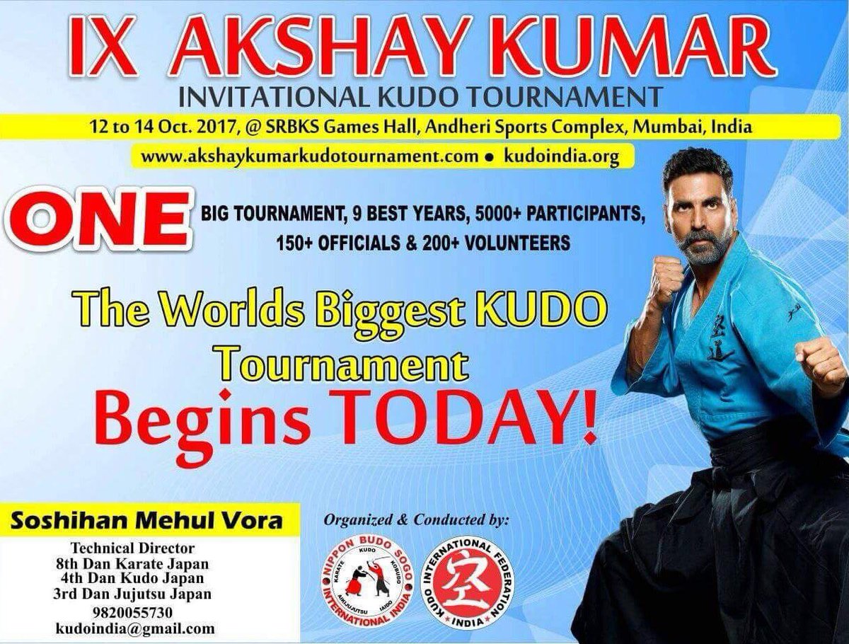akshaykumar's tweet image. 9th Akshay Kumar Invitational Kudo Tournament 2017 begins today! Wishing everyone all the very best, just remember to play and have fun 👊🏻