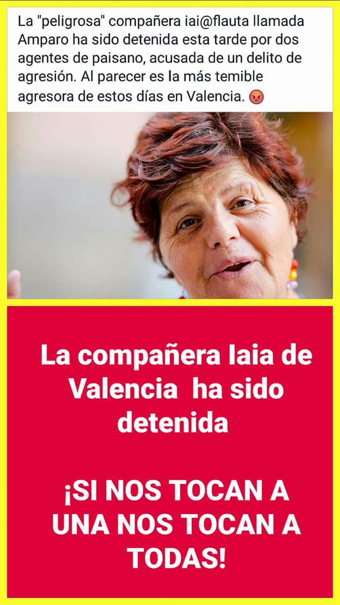 iaioflautas's tweet photo. Ayer detuvieron a Amparo de Iaioflautas valencians por manifestarse el 9O. La acusan de agresión. Si nos tocan a una nos tocan a todas https://t.co/OYAyACPiF5