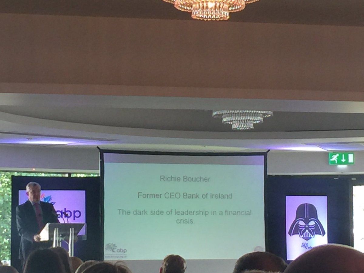 FionaCPatterson's tweet photo. Richie Boucher former CEO Bank of Ireland talking on the dark side of leadership in a financial crisis #AbpConf2017 #WorkPsychGroup https://t.co/uLe9m3ohGS