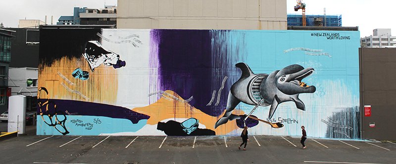 This #dolphin piece by @tessartist is painted for #NewZealandsWorthLoving, #pollutionawareness #mural tour! #streetart #art #urbanart