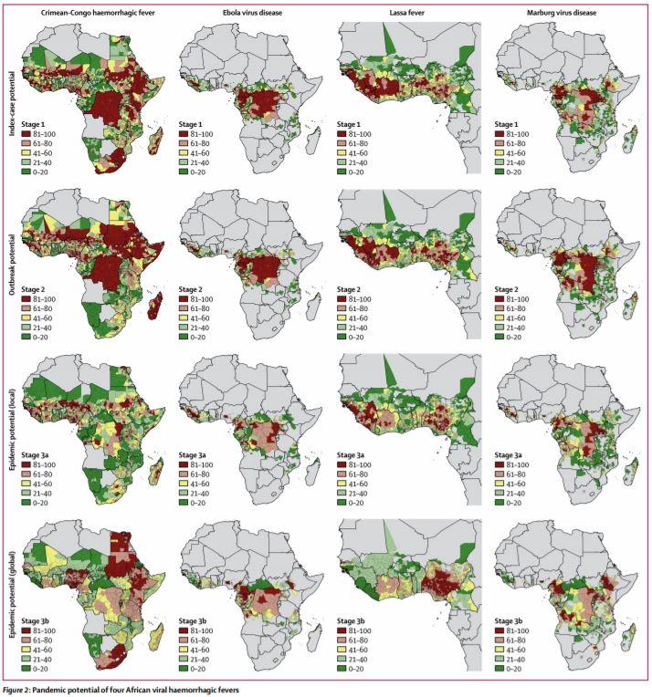 TheLancet's tweet photo. Pandemic potential of four African viral haemorrhagic fevers to predict disease spread + plan resource distribution https://t.co/l268lBK8j5 https://t.co/P6SbfFnUMj