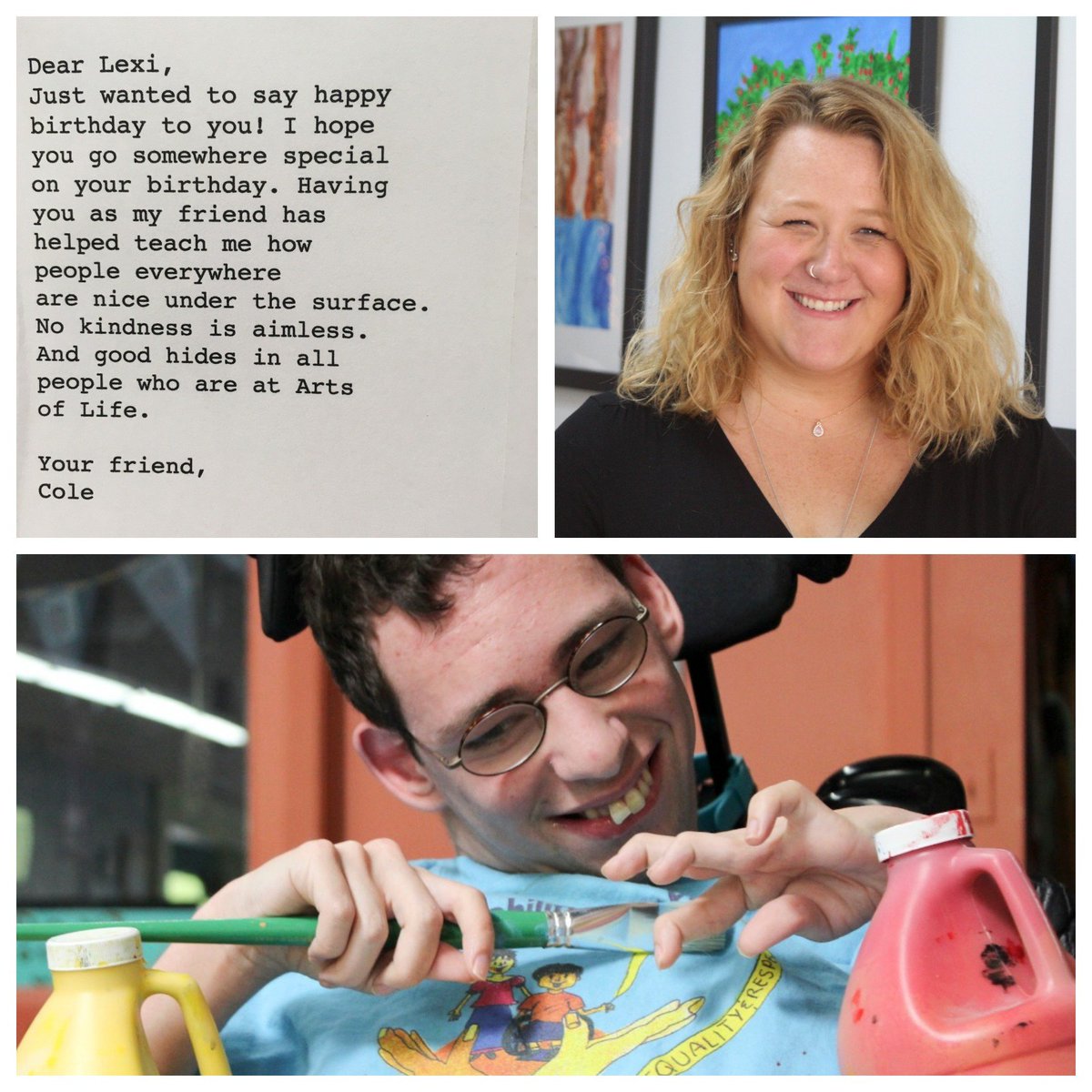 artsoflife's tweet photo. #HappyBirthday to #NorthShore employee Lexi! She has been w/ The Arts of Life since 2016 & is part of artist #ColeFox's 1:1 support team. https://t.co/SzF2hXMXIb