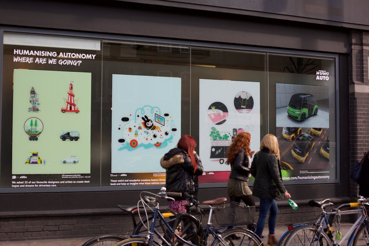 ustwo's tweet photo. Shoreditch High Street just got a little brighter 😎 We’ve jazzed up our windows to celebrate @ustwoAuto 's new book https://t.co/EsoWvOppiy https://t.co/7X7jgKQWnO