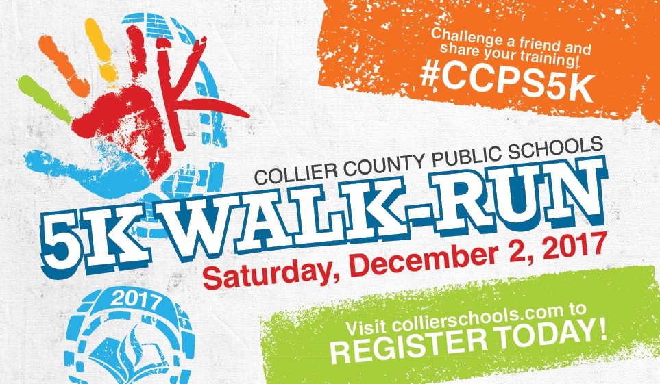 RUNNERS READY! It's time to take your mark and reserve your spot in the CCPS 5K Walk-Run! Sign up now! The price goes up November 1st. All proceeds go to fund wellness initiatives in our schools. 
Register here: collierschools.com/ccps5k