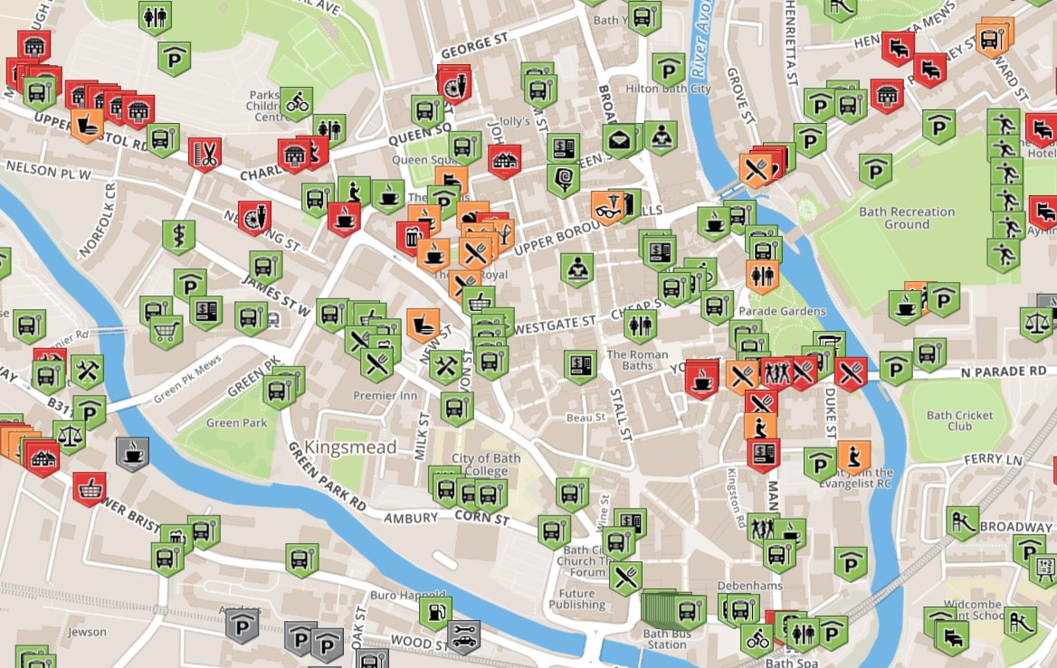 BathHacked's tweet photo. Comparing the printed mobility map for Bath centre, with what we've collected for #accessbath. The printed map is outdated & lacks detail https://t.co/c0DrzRKBQg