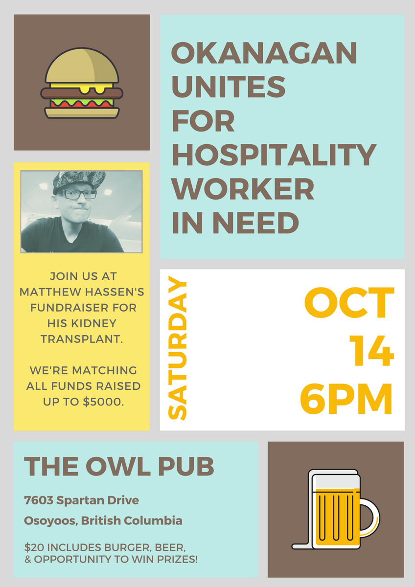 BCHospitality's tweet photo. Matthew Hassen’s fundraiser at The Owl Pub is this Sat. We’re matching funds up to $5000. Find out how you can help: https://t.co/Un3pCsnCEm https://t.co/52HvgDpwNZ