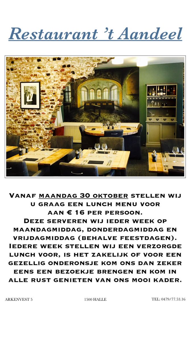 Vanaf 30 oktober serveren wij een LUNCH MENU @ restaurant 't Aandeel te Halle
Website: taandeel.be
Instagram: <a href="/taandeel/">Douglas De koster</a>
Facebook: 't aandeel