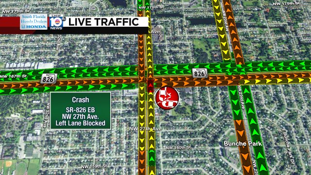 CRASH: SR-826 EB & NW 27th Ave. A left lane is blocked. #TRAFFIC #MIAMI https://t.co/nWryODgXlM