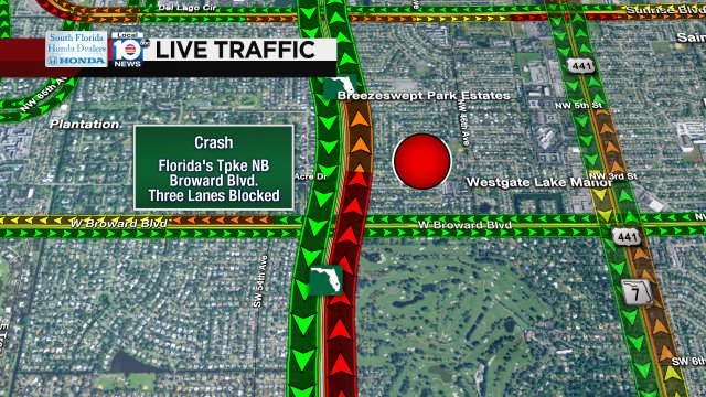 CRASH: Florida's Tpke NB just north of Broward Blvd. Three lanes are blocked; expect heavy delays. #TRAFFIC https://t.co/VfsYV4AzFD