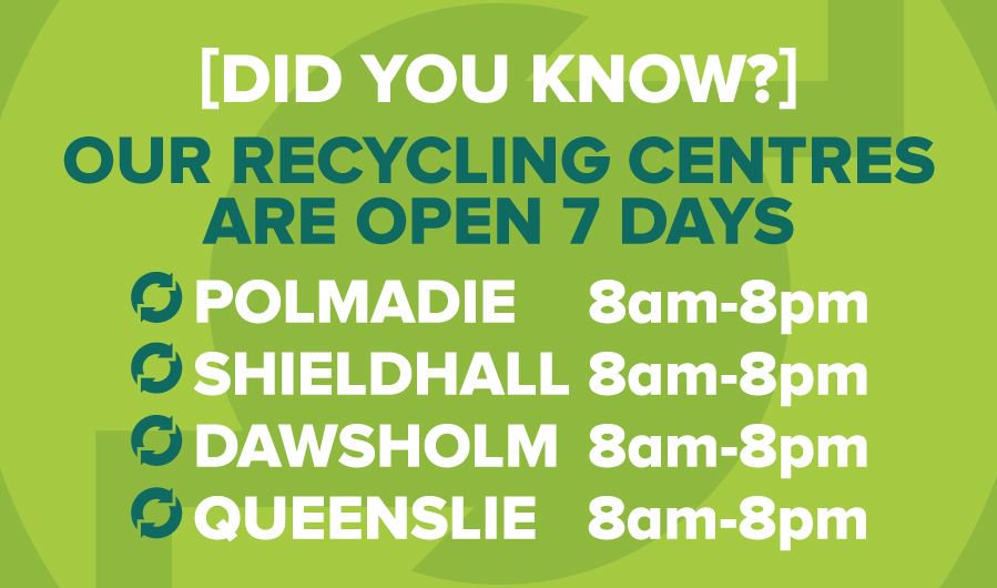 MyGlasgowCC's tweet photo. Throwing out bulky items?
Visit Polmadie Shieldhall, Dawsholm or Queenslie recycling centres https://t.co/uI5obCfmnI