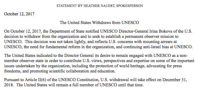 NatashaBertrand's tweet photo. Official State Department notice that the US will withdraw from UNESCO, effective on December 31, 2018. https://t.co/Httz11vQwZ