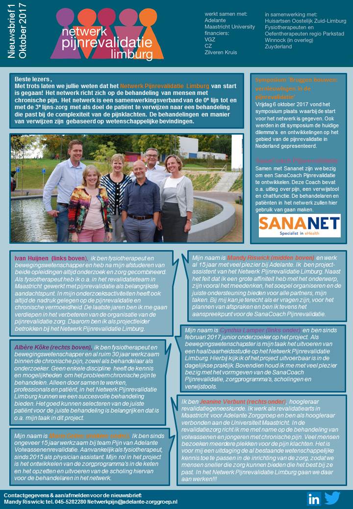 Met trots brengen we de eerste nieuwsbrief van het Netwerk Pijnrevalidatie Limburg uit! 
We wensen u veel leesplezier.