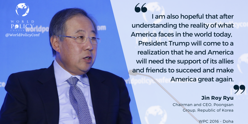 WorldPolicyConf's tweet image. #Poongsan Group CEO Jin Roy Ryu reacted to #Trump’s election last year at #WPC2016. Mr Ryu will be at #WPC2017.