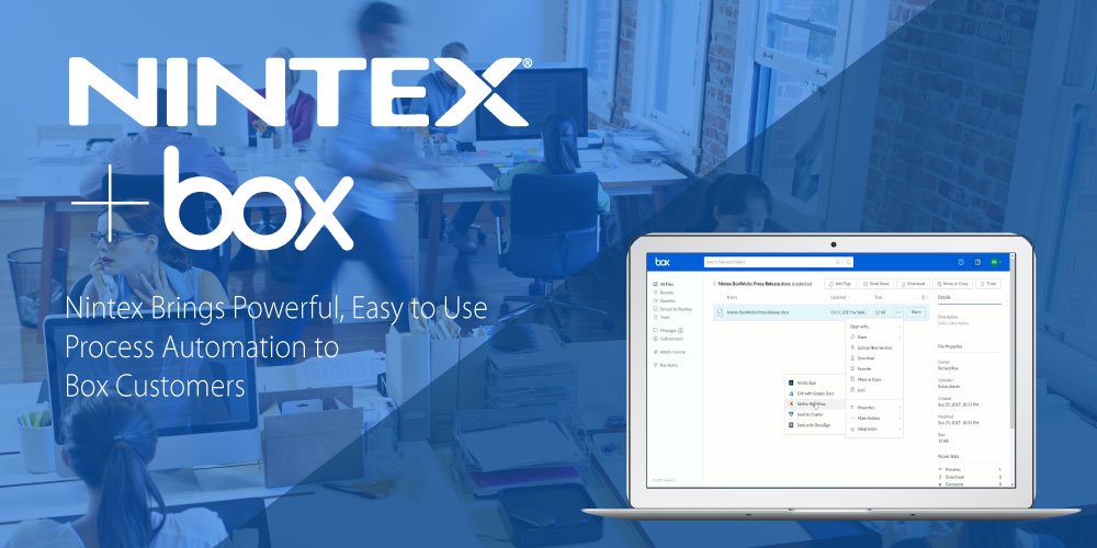 Nintex's tweet photo. [NEWS] Nintex brings powerful, easy to use #process #automation to @BoxHQ customers #BoxWorks https://t.co/2YXC4EaljV https://t.co/gBB6XKXIFZ