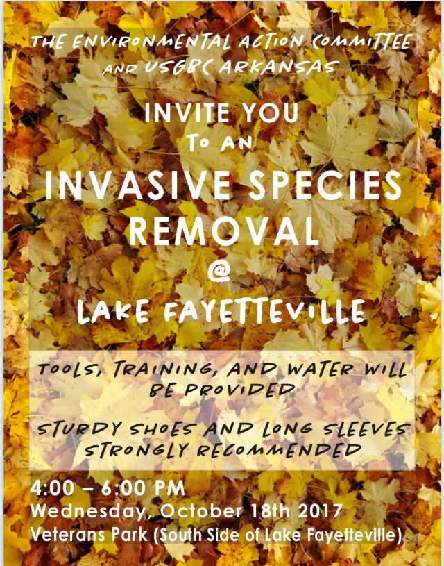 Join <a href="/FYVgov/">City of Fayetteville, Arkansas</a> Environmental Action Committee &amp; @usgbc_ar for invasive plant removal at Veterans Park at Lake Fayetteville next Wednesday