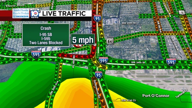 CRASH: I-95 SB & I-595. Two lanes are blocked and delays are starting to build. Speeds clocking in at 5 MPH. https://t.co/xwtMFYSzzQ
