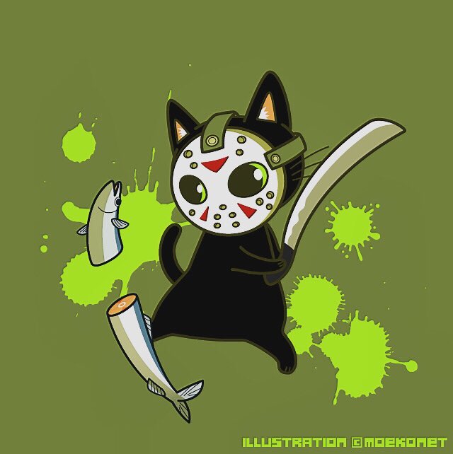 Moekonetイラストレーター A Twitter 今週の動物イラストno 235 17年10月13日の金曜日 T Co Bef1ag3kyt 今年2回目のジェイソン記念日 秋刀魚の季節になりました 黒猫が持っているのは鉈 マチェット です ジェイソンはチェーンソー使わないとか