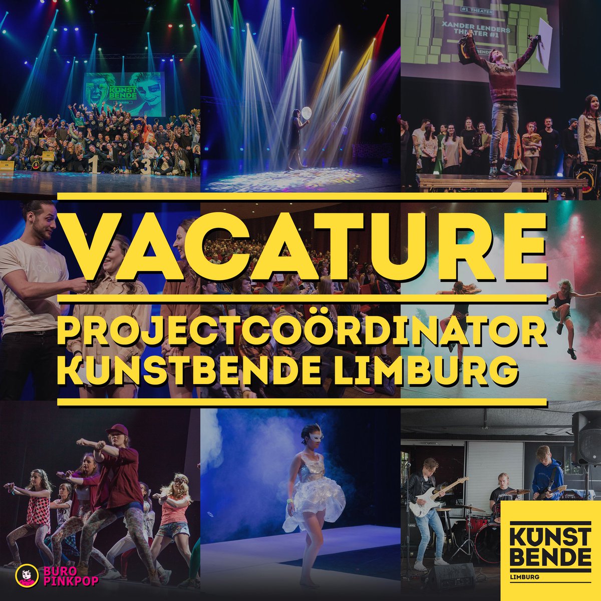 VACATURE! Meer info zie: kunstbendelimburg.nl/vacature! #Kunstbende #Limburg #Vacature #Cultuur #Kunst #Jongeren #talent #BuroPinkpop