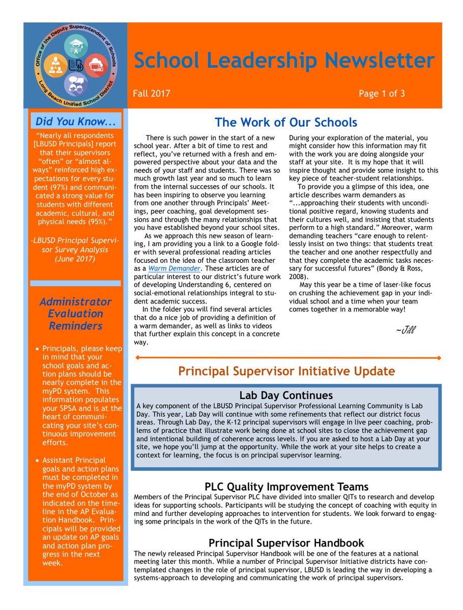 jbaker000's tweet photo. The Fall School Leadership Newsletter is here. Lots to think about as leaders in LBUSD. #theLBway #proudtobeLBUSD https://t.co/EuGA6nduXp