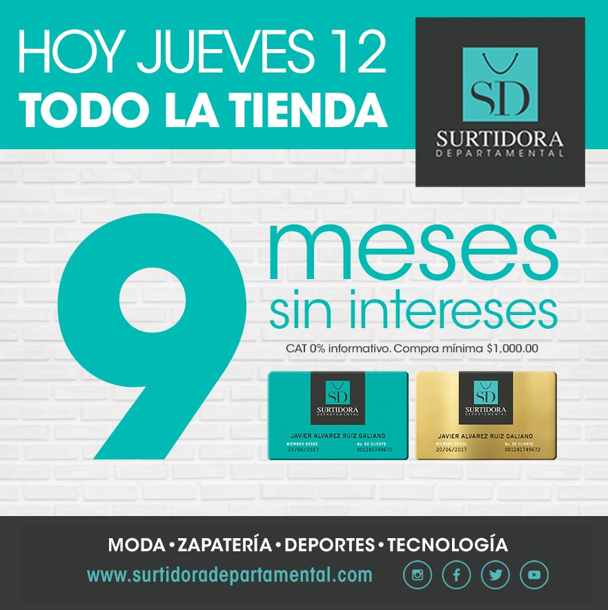 SurtidoraDep's tweet photo. ¡Solo Hoy! #Jueves 12 de Octubre 
Aprovecha Toda la tienda con 9 Meses sin Intereses,
#vivetuestilo en @SurtidoraDep  ;) https://t.co/OL34hRTxIj