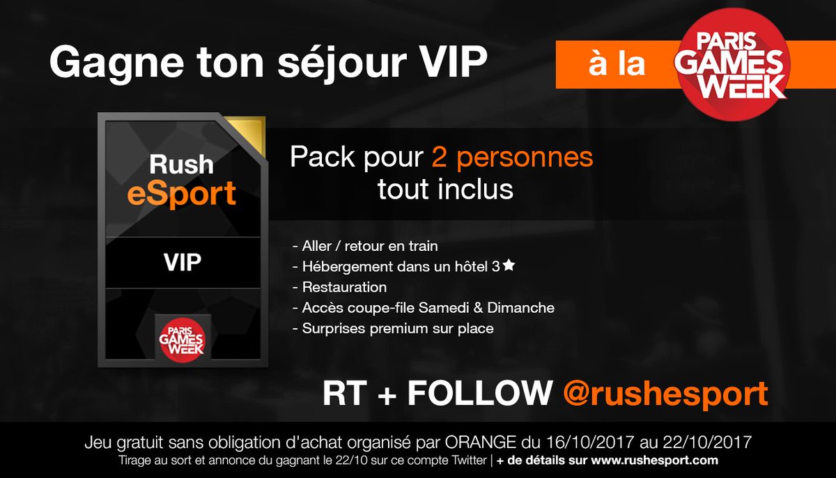 RushEsport's tweet photo. RT + FOLLOW @rushesport pour tenter de gagner un séjour VIP tout inclus pour 2 personnes à la #PGW ! https://t.co/NajoAahRFg